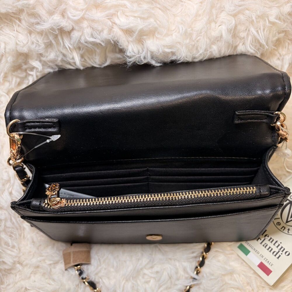 NWT Valentino Orlandi Black Crossbody Bag Wavy Quilted Wallet Gold Chain Strap - Picture 3 of 12